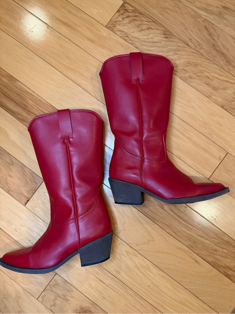 Vibrant Red Western Cowboy Boots | Pointed Toe Vegan Faux Leather Mid-Calf Boots - Picture 7 of 10